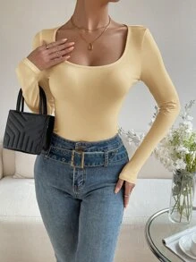 SHEIN Essnce Solid Scoop Neck Tee - Khaki - View 4