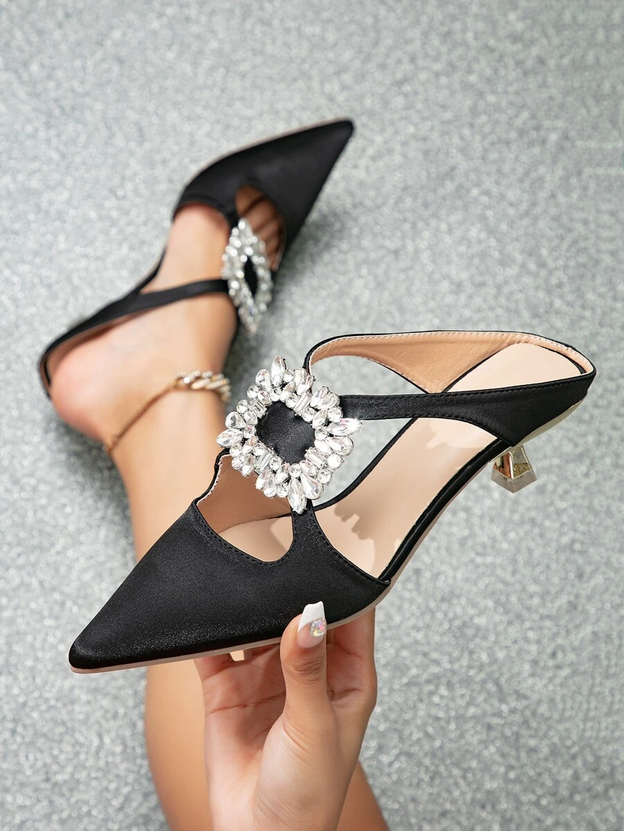 Women Rhinestone Decor Mules, Satin Stiletto Heeled Glamorous Pumps - Black - View 1