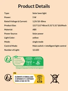 1 pieza Lámpara solar para césped de ABS, luz solar en forma de linterna modernista para sendero de jardín, iluminación exterior para jardín, patio y área - Amarillo - Ver 3