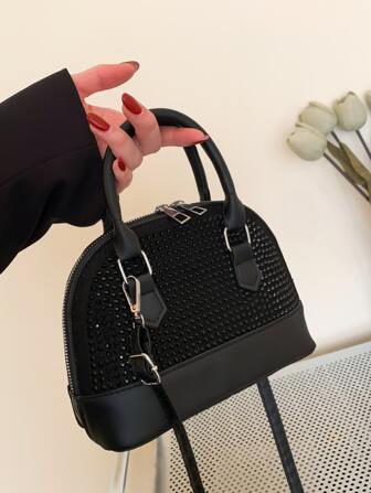 時尚、極簡、休閒風格,純色女士pu皮手提包配鑽石裝飾肩袋,女孩、少女休閒斜挎包