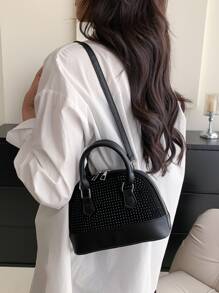 時尚、極簡、休閒風格,純色女士pu皮手提包配鑽石裝飾肩袋,女孩、少女休閒斜挎包 - 黑色 - 查看 6