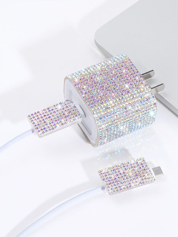 3pcs Rhinestone Decor Charger Head Cover & Data Cable Protector Set Charger Protector