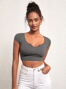 SHEIN BASICS V領短袖上衣 - 深灰色 - 查看 3