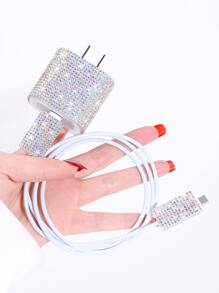 3pcs Rhinestone Decor Charger Head Cover & Data Cable Protector Set Charger Protector - Multicolor - View 4
