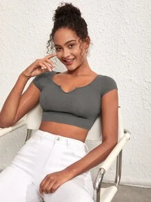 SHEIN BASICS V領短袖上衣 - 深灰色 - 查看 5