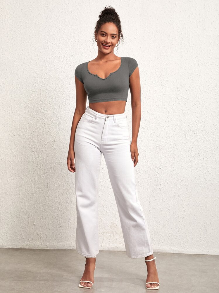 SHEIN BASICS Notched Neckline Crop Tee - Dark Grey - View 6