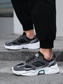 運動鞋適用於男士字母圖案前綁帶老爹鞋 - 灰色 - 查看 2