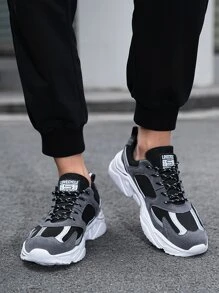 運動鞋適用於男士字母圖案前綁帶老爹鞋 - 灰色 - 查看 3