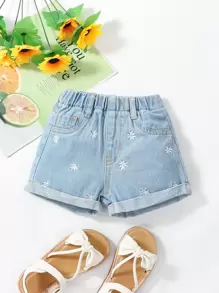 Baby Floral Embroidery Roll Up Hem Denim Shorts - Light Wash - View 1