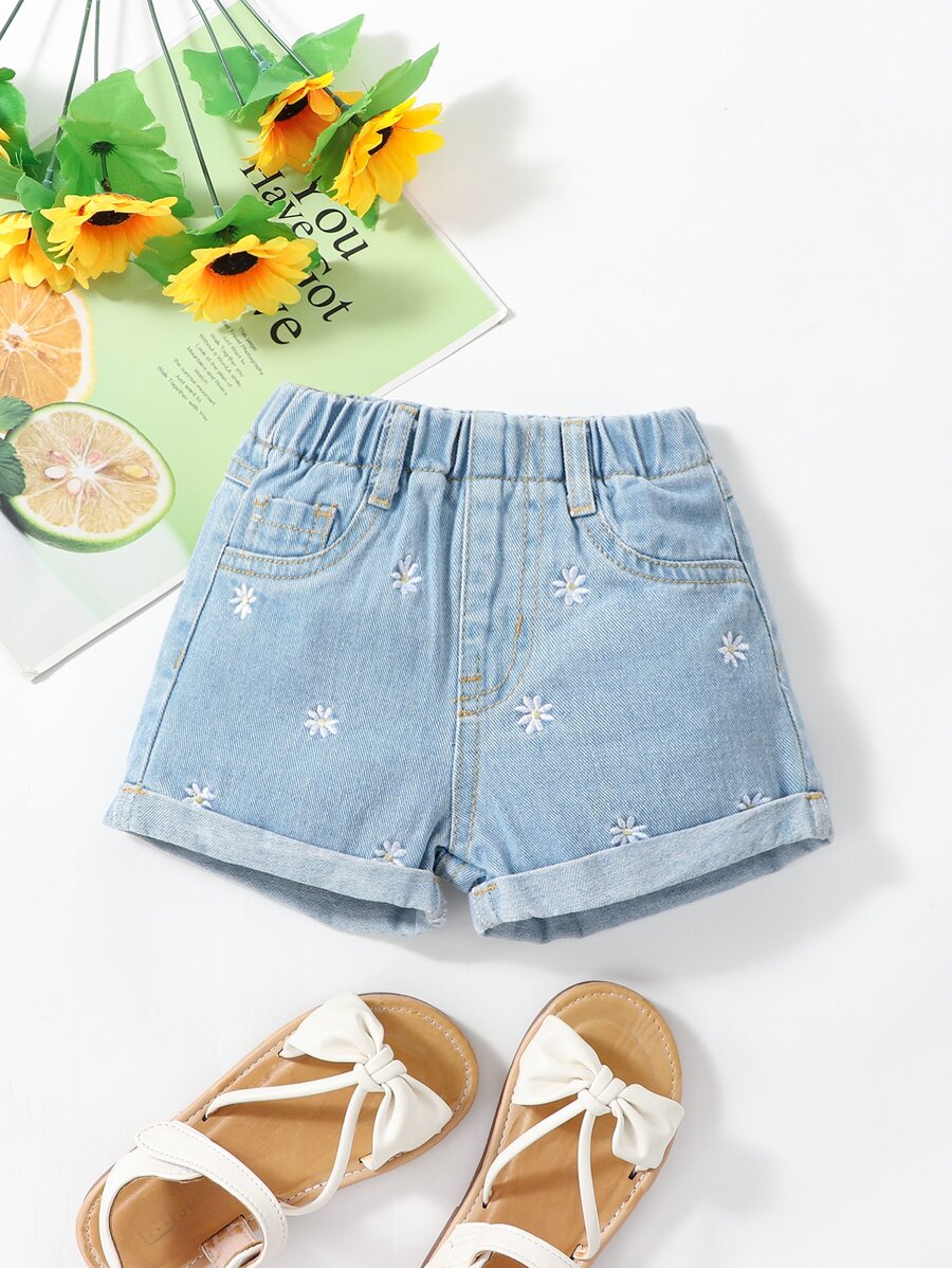 Baby Floral Embroidery Roll Up Hem Denim Shorts - Light Wash - View 1
