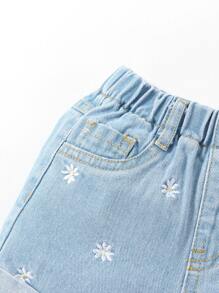 Baby Floral Embroidery Roll Up Hem Denim Shorts - Light Wash - View 3