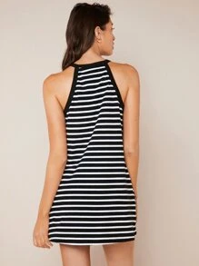 SHEIN BASICS Striped Print Halter Dress - Black and White - View 2
