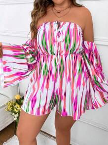 SHEIN Clasi 大碼滿版圖案一字肩喇叭袖連身短褲 - 彩色 - 查看 1