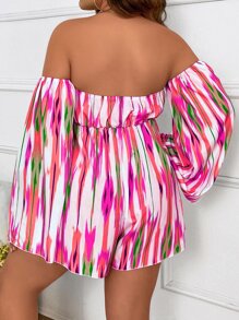 SHEIN Clasi 大碼滿版圖案一字肩喇叭袖連身短褲 - 彩色 - 查看 2