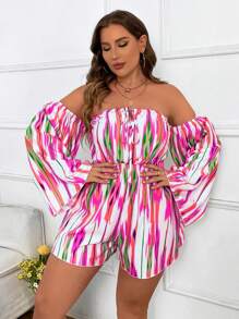 SHEIN Clasi 大碼滿版圖案一字肩喇叭袖連身短褲 - 彩色 - 查看 3