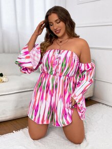 SHEIN Clasi 大碼滿版圖案一字肩喇叭袖連身短褲 - 彩色 - 查看 5