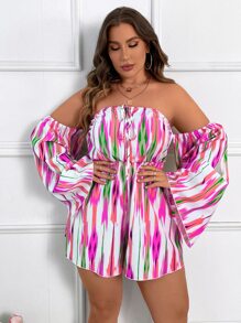 SHEIN Clasi 大碼滿版圖案一字肩喇叭袖連身短褲 - 彩色 - 查看 6