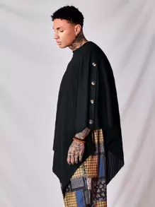 SWAVVY Men Crew Neck Drop Shoulder Asymmetrical Street Summer Polyester Tee, Fall, Long Sleeve Top - Black - View 3