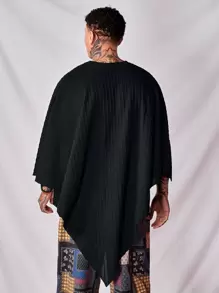 SWAVVY Men Crew Neck Drop Shoulder Asymmetrical Street Summer Polyester Tee, Fall, Long Sleeve Top - Black - View 2