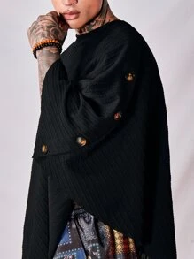 SWAVVY Men Crew Neck Drop Shoulder Asymmetrical Street Summer Polyester Tee, Fall, Long Sleeve Top - Black - View 4