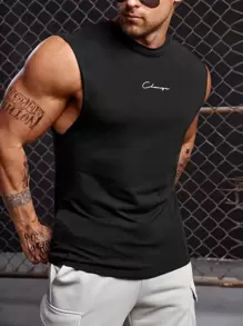 GENTILAND 男士棉字母圖案背心上衣 - 黑色 - 查看 1