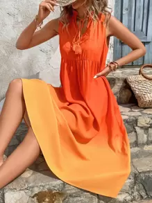 SHEIN VCAY 漸層繫帶領無袖娃娃裙 - 橘色 - 查看 3