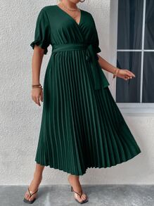 SHEIN Clasi 大碼交疊領荷葉袖百褶下擺繫腰帶連衣裙 - 墨綠色 - 查看 6