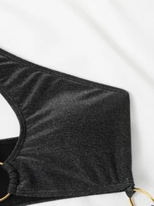 金屬質感環鏈單肩連體泳衣 - 黑色 - 查看 7