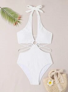 Ring Linked Halter One Piece Swimsuit - White - View 3