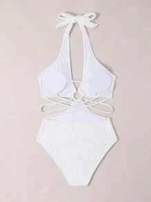 Ring Linked Halter One Piece Swimsuit - White - View 4