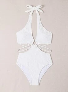 Ring Linked Halter One Piece Swimsuit - White - View 7
