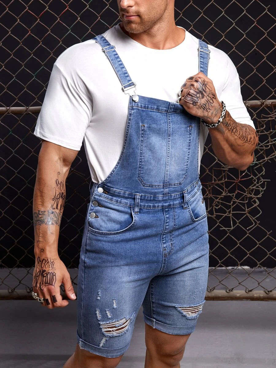 GENTILAND Nam Áo liền quần Denim Bông Rách Cuộn lên Hem Without Tee - Rửa nhẹ - Xem 1