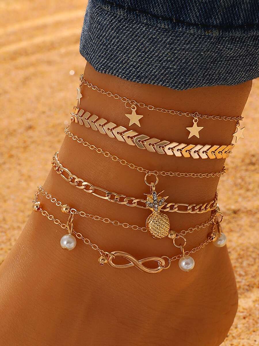 5 cái/bộ Vòng chân trang trí hình quả dứa & ngôi sao - Vàng - Xem 1