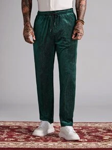GENTILAND Men Drawstring Waist Velvet Trousers - Dark Green - View 1