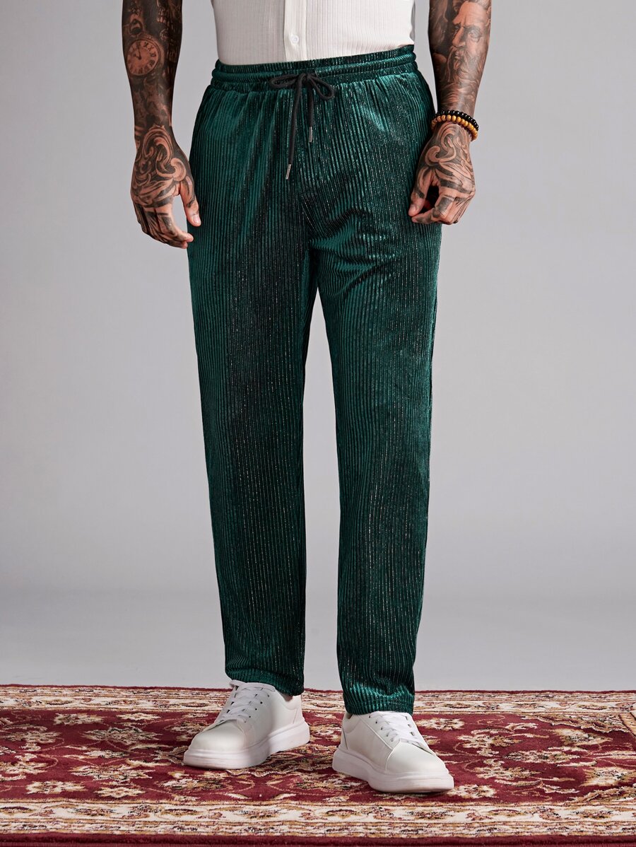 GENTILAND Men Drawstring Waist Velvet Trousers - Dark Green - View 1