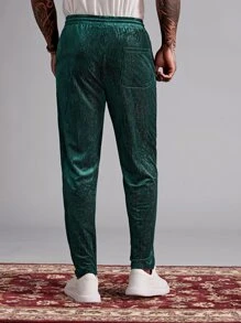 GENTILAND Men Drawstring Waist Velvet Trousers - Dark Green - View 2
