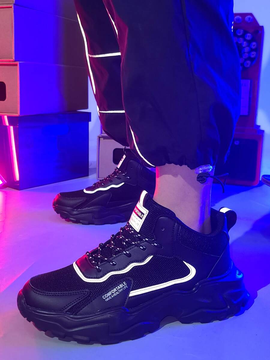 男士繫帶反光和補丁細節粗運動戶外織物運動鞋 - 黑色 - 查看 1