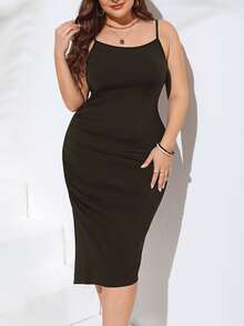 SHEIN Privé Plus Split Thigh Ruched Side Cami Dress - Chocolate Brown - View 3