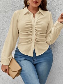 SHEIN Privé Plus Ruched Front Shirt - Khaki - View 1