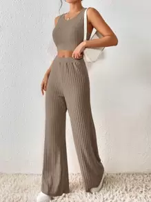 SHEIN Frenchy Bộ đồ hai mảnh nữ Gân đan màu trơn Giải trí - màu nâu - Xem 3