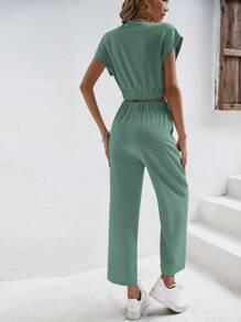 SHEIN Frenchy 素色前扭結短款上衣和腰部打結長褲 - 薄荷綠 - 查看 2