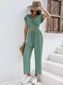 SHEIN Frenchy 素色前扭結短款上衣和腰部打結長褲 - 薄荷綠 - 查看 4