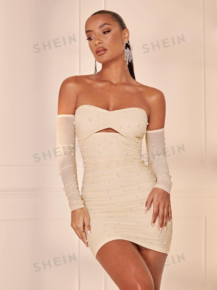 SHEIN BAE Pearl Detail Off Shoulder Cut Out Ruched Mesh Bodycon Dress SHEIN USA