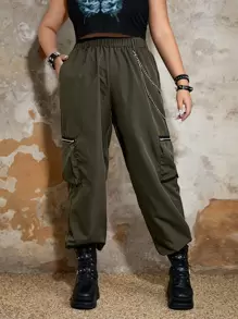 ROMWE Grunge Punk Plus Zip Pocket Side Cargo Pants With Chain - Army Green - View 1
