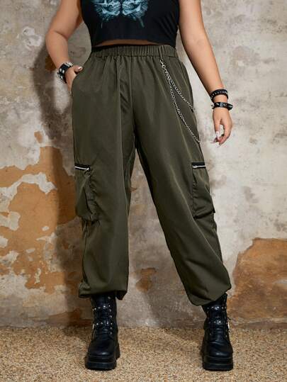 Grunge Punk Pantalones cargo con bolsillo con cremallera lado con cadena