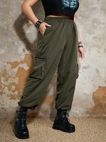 ROMWE Grunge Punk Plus Zip Pocket Side Cargo Pants With Chain - Army Green - View 3