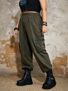 ROMWE Grunge Punk Plus Zip Pocket Side Cargo Pants With Chain - Army Green - View 4