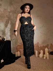 ROMWE Goth 大碼印花網紗半身裙 - 黑色 - 查看 4