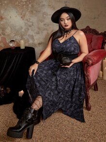 ROMWE Goth Đầm Plus Size Bất đối xứng Dải chun Hoa Lễ Các Thánh Giải trí - Màu xám đen - Xem 6