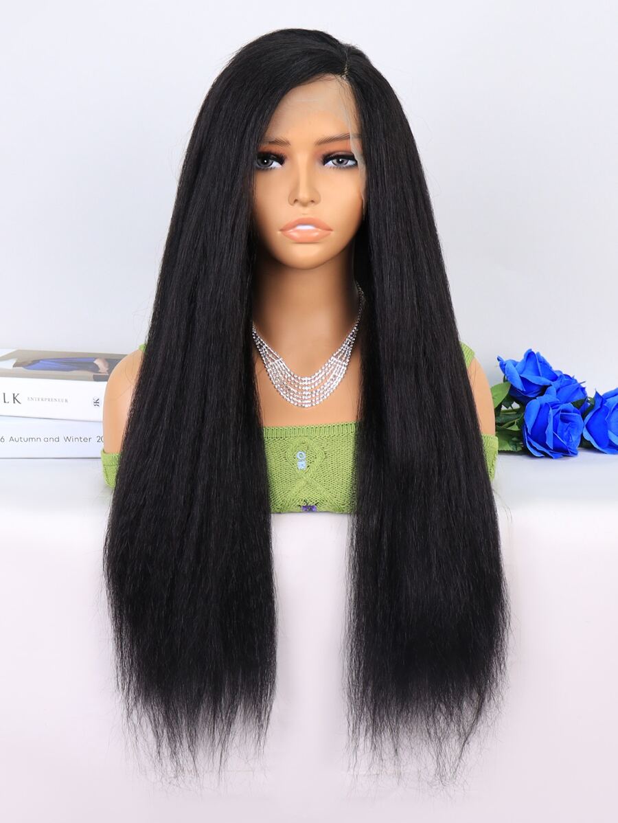 13 X 4 X 1 T 型蕾丝 Yaki 直发合成假发 - 黑色 - 查看 1